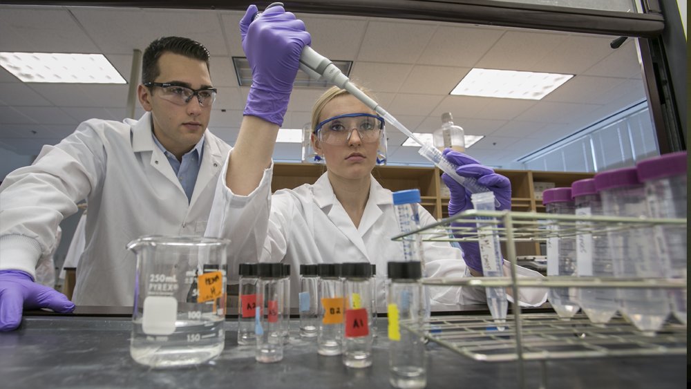 2 male and female students working in lab with biological material in test tubes